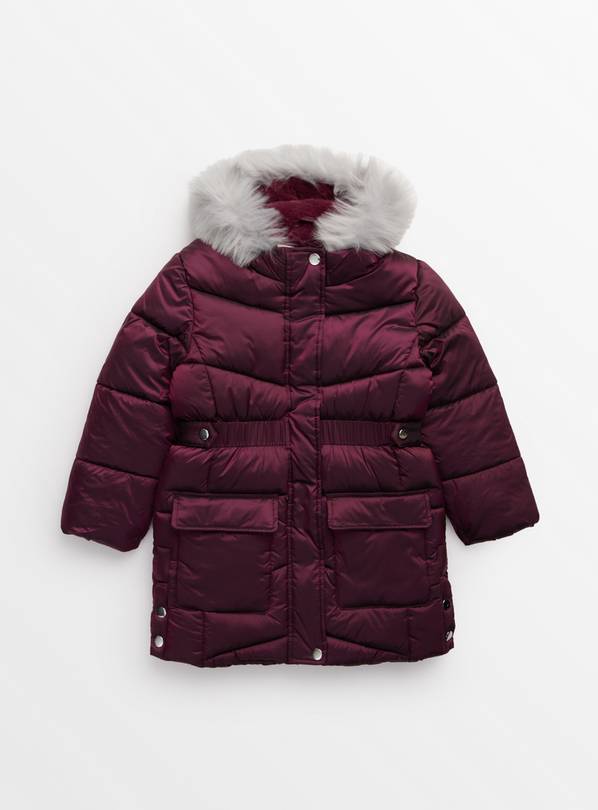 Buy Burgundy Faux Fur Hooded Longline Puffer Coat 5 6 years Coats and jackets Argos